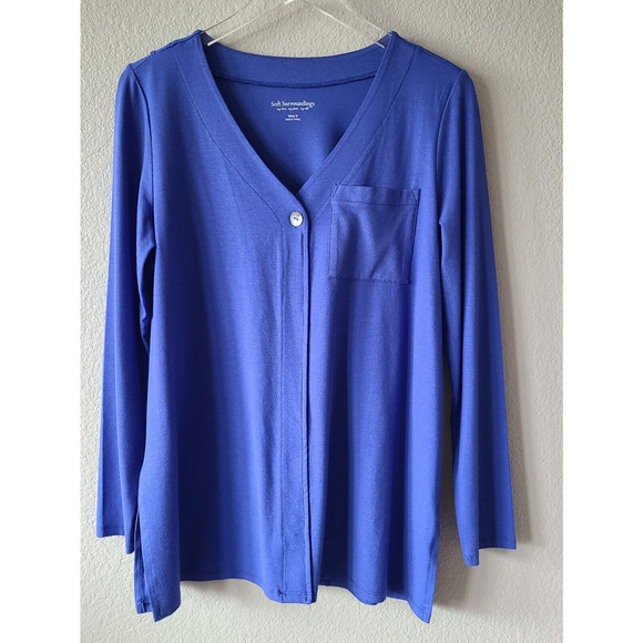Soft‎ Surroundings Top Missy Medium Blue Pocket Coastal Minimalist Stretch - Picture 1 of 10